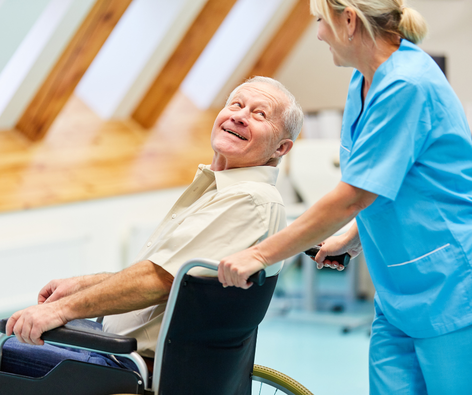 An older man being pushed in a wheelchair