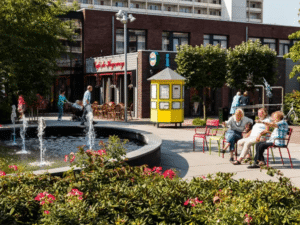 Residents of the Hogeweyk Dementia Village participating in daily activities in a community setting.